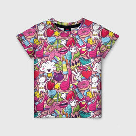 Детская футболка 3D с принтом Девчачьи радости в Петрозаводске, 100% гипоаллергенный полиэфир | прямой крой, круглый вырез горловины, длина до линии бедер, чуть спущенное плечо, ткань немного тянется | cat | clou | crown | flower | funny | graffiti | heart | kitten | lips | lollipop | shoes | sneakers | strawberry | unicorn | граффити | губы | единорог | звезда | кеды | клубника | корона | кот | котёнок | леденец | мороженое | облако | обувь | помада | 