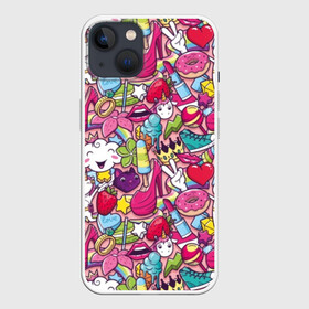 Чехол для iPhone 13 с принтом Девчачьи радости в Петрозаводске,  |  | cat | clou | crown | flower | funny | graffiti | heart | kitten | lips | lollipop | shoes | sneakers | strawberry | unicorn | граффити | губы | единорог | звезда | кеды | клубника | корона | кот | котёнок | леденец | мороженое | облако | обувь | помада | 