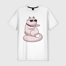Мужская футболка премиум с принтом Крутой кот в Петрозаводске, 92% хлопок, 8% лайкра | приталенный силуэт, круглый вырез ворота, длина до линии бедра, короткий рукав | кот | котики | котяра | кошка | милый | паттерн | прикольный | пушистик | рыжий | смешной