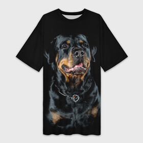 Платье-футболка 3D с принтом Ротвейлер в Петрозаводске,  |  | animal | black | breed | collar | dog | friend | glance | gloss | man | muzzle | rottweiler | взгляд | друг | животное | лоск | ошейник | пёс | порода | ротвейлер | собака | человека | черный