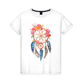 Женская футболка хлопок с принтом Ловец снов в Петрозаводске, 100% хлопок | прямой крой, круглый вырез горловины, длина до линии бедер, слегка спущенное плечо | ловец снов | магия | перья | цветы