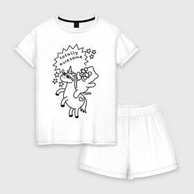 Женская пижама с шортиками хлопок с принтом Awesome Unicorn в Петрозаводске, 100% хлопок | футболка прямого кроя, шорты свободные с широкой мягкой резинкой | Тематика изображения на принте: cat | citty | кот | кошак | кошара | кошка