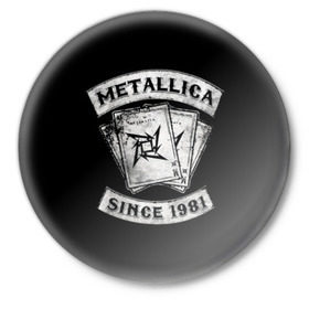 Значок с принтом Metallica в Петрозаводске,  металл | круглая форма, металлическая застежка в виде булавки | album | black | concert | heavy | kirk | metal | metallica | music | rock | tolls | джеймс хэтфилд | кирк хэмметт | клифф бёртон | ларс ульрих | метал | металлика | трэш