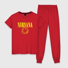 Женская пижама хлопок с принтом Nirvana в Петрозаводске, 100% хлопок | брюки и футболка прямого кроя, без карманов, на брюках мягкая резинка на поясе и по низу штанин | 
