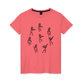 Женская футболка хлопок с принтом Кокопелли в Петрозаводске, 100% хлопок | прямой крой, круглый вырез горловины, длина до линии бедер, слегка спущенное плечо | божество | дудочка | индейцы | кокопелли | танец | человечек | человечки