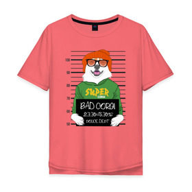 Мужская футболка хлопок Oversize с принтом Плохой Корги в Петрозаводске, 100% хлопок | свободный крой, круглый ворот, “спинка” длиннее передней части | Тематика изображения на принте: corgi | банда | бандит | гангстер | заключенный | корги | собака | собаки