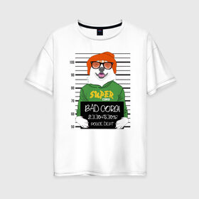 Женская футболка хлопок Oversize с принтом Плохой Корги в Петрозаводске, 100% хлопок | свободный крой, круглый ворот, спущенный рукав, длина до линии бедер
 | corgi | банда | бандит | гангстер | заключенный | корги | собака | собаки