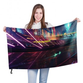 Флаг 3D с принтом CYBERPUNK 2077 в Петрозаводске, 100% полиэстер | плотность ткани — 95 г/м2, размер — 67 х 109 см. Принт наносится с одной стороны | 