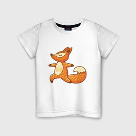 Детская футболка хлопок с принтом Лисенок занимается йогой в Петрозаводске, 100% хлопок | круглый вырез горловины, полуприлегающий силуэт, длина до линии бедер | fox | гимнастика | йога | лис | лиса | лисенок | рыжая | упражнения