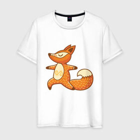 Мужская футболка хлопок с принтом Лисенок занимается йогой в Петрозаводске, 100% хлопок | прямой крой, круглый вырез горловины, длина до линии бедер, слегка спущенное плечо. | fox | гимнастика | йога | лис | лиса | лисенок | рыжая | упражнения