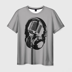 Мужская футболка 3D с принтом Микрофон в Петрозаводске, 100% полиэфир | прямой крой, круглый вырез горловины, длина до линии бедер | Тематика изображения на принте: black | gray | headphones | microphone | music | music lover | sound | звук | меломан | микрофон | музыка | наушники | серый | черный