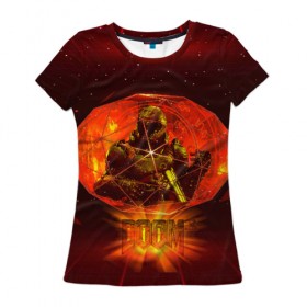 Женская футболка 3D с принтом Doom Enternal в Петрозаводске, 100% полиэфир ( синтетическое хлопкоподобное полотно) | прямой крой, круглый вырез горловины, длина до линии бедер | 3d | doom enternal | игра | компьютерная | логотип | темный | шутер