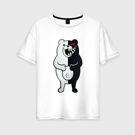 Женская футболка хлопок Oversize с принтом MONOKUMA в Петрозаводске, 100% хлопок | свободный крой, круглый ворот, спущенный рукав, длина до линии бедер
 | anime | bear | black  white | danganronpa | kurokuma | monodam | monokuma | monomi | monotaro | pink | rabbit | school | shirokuma | аниме | главарь | мoноми | монокума | черно белый | школа