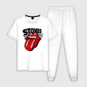 Мужская пижама хлопок с принтом the rolling stones в Петрозаводске, 100% хлопок | брюки и футболка прямого кроя, без карманов, на брюках мягкая резинка на поясе и по низу штанин
 | roll stone | rolling stone скачать | rolling stones | rolling stones лучшее | the rolling stones | купить футболку rolling stones | рок | рок н ролл | футболка rolling stones