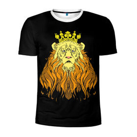 Мужская футболка 3D спортивная с принтом Лев в Петрозаводске, 100% полиэстер с улучшенными характеристиками | приталенный силуэт, круглая горловина, широкие плечи, сужается к линии бедра | Тематика изображения на принте: animal | beast | crown | king | lion | mane | muzzle | orange | view | yellow | взгляд | грива | желтый | животное | зверь | корона | лев | оранжевый | царь