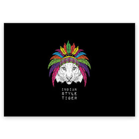 Поздравительная открытка с принтом Indian style tiger в Петрозаводске, 100% бумага | плотность бумаги 280 г/м2, матовая, на обратной стороне линовка и место для марки
 | animal | ethnic | feathers | multicolored | muzzle | predator | tiger | животное | перья | разноцветный | тигр | этнический