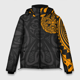 Мужская зимняя куртка 3D с принтом Polynesian tattoo в Петрозаводске, верх — 100% полиэстер; подкладка — 100% полиэстер; утеплитель — 100% полиэстер | длина ниже бедра, свободный силуэт Оверсайз. Есть воротник-стойка, отстегивающийся капюшон и ветрозащитная планка. 

Боковые карманы с листочкой на кнопках и внутренний карман на молнии. | Тематика изображения на принте: polynesian | tattoo | волна | геометрия | завитушка | маори | маска | орнамент. золото | полинезия | татуировка | татуха | трайбл | узор | черепаха | ящерица. солнце