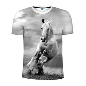 Мужская футболка 3D спортивная с принтом Белая лошадь в Петрозаводске, 100% полиэстер с улучшенными характеристиками | приталенный силуэт, круглая горловина, широкие плечи, сужается к линии бедра | animal | beautiful | gloss | horse | mane | mustang | muzzle | nature | white | wild | белый | грива | дикий | животное | конь | красивый | лоск | лошадь | мустанг | природа | скакун