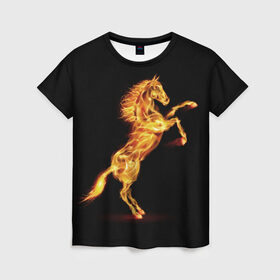 Женская футболка 3D с принтом Огненная лошадь в Петрозаводске, 100% полиэфир ( синтетическое хлопкоподобное полотно) | прямой крой, круглый вырез горловины, длина до линии бедер | animal | beautiful | black | fiery | fire | hooves | horse | mane | wild | грива | дикий | животное | конь | копыта | красивый | лошадь | огненный | огонь | скакун | черный