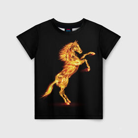 Детская футболка 3D с принтом Огненная лошадь в Петрозаводске, 100% гипоаллергенный полиэфир | прямой крой, круглый вырез горловины, длина до линии бедер, чуть спущенное плечо, ткань немного тянется | animal | beautiful | black | fiery | fire | hooves | horse | mane | wild | грива | дикий | животное | конь | копыта | красивый | лошадь | огненный | огонь | скакун | черный