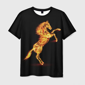 Мужская футболка 3D с принтом Огненная лошадь в Петрозаводске, 100% полиэфир | прямой крой, круглый вырез горловины, длина до линии бедер | Тематика изображения на принте: animal | beautiful | black | fiery | fire | hooves | horse | mane | wild | грива | дикий | животное | конь | копыта | красивый | лошадь | огненный | огонь | скакун | черный