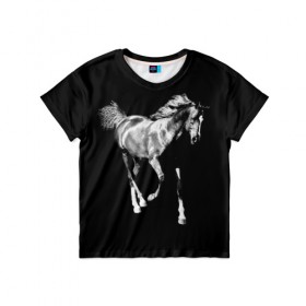 Детская футболка 3D с принтом Конь вороной в Петрозаводске, 100% гипоаллергенный полиэфир | прямой крой, круглый вырез горловины, длина до линии бедер, чуть спущенное плечо, ткань немного тянется | Тематика изображения на принте: 