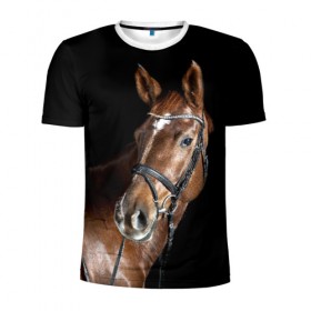 Мужская футболка 3D спортивная с принтом Гнедая лошадь в Петрозаводске, 100% полиэстер с улучшенными характеристиками | приталенный силуэт, круглая горловина, широкие плечи, сужается к линии бедра | animal | beautiful | black | brown | eyes | gloss | horse | look | muscles | muzzle | portrait | взгляд | глаза | гнедая | животное | конь | коричневый | красивый | лоск | лошадь | мускулы | портрет | скакун | черный