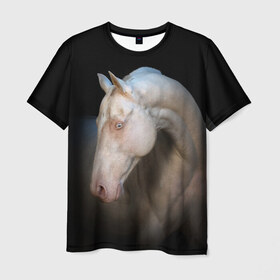 Мужская футболка 3D с принтом Белая лошадь в Петрозаводске, 100% полиэфир | прямой крой, круглый вырез горловины, длина до линии бедер | Тематика изображения на принте: animal | black | breed | horse | muscle | muzzle | strength | unusual | white | белый | животное | конь | лошадь | мышцы | необычный | порода | сила | скакун