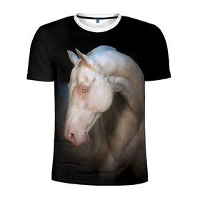 Мужская футболка 3D спортивная с принтом Белая лошадь в Петрозаводске, 100% полиэстер с улучшенными характеристиками | приталенный силуэт, круглая горловина, широкие плечи, сужается к линии бедра | Тематика изображения на принте: animal | black | breed | horse | muscle | muzzle | strength | unusual | white | белый | животное | конь | лошадь | мышцы | необычный | порода | сила | скакун