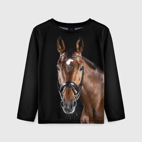 Детский лонгслив 3D с принтом Гнедая лошадь в Петрозаводске, 100% полиэстер | длинные рукава, круглый вырез горловины, полуприлегающий силуэт
 | animal | beautiful | black | brown | eyes | gloss | harness | horse | look | muzzle | взгляд | глаза | гнедая | животное | конь | коричневый | красивый | лоск | лошадь | сбруя | скакун | черный