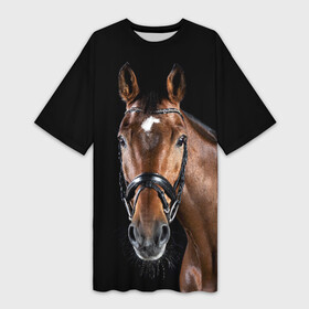 Платье-футболка 3D с принтом Гнедая лошадь в Петрозаводске,  |  | animal | beautiful | black | brown | eyes | gloss | harness | horse | look | muzzle | взгляд | глаза | гнедая | животное | конь | коричневый | красивый | лоск | лошадь | сбруя | скакун | черный