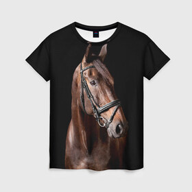 Женская футболка 3D с принтом Гнедая лошадь в Петрозаводске, 100% полиэфир ( синтетическое хлопкоподобное полотно) | прямой крой, круглый вырез горловины, длина до линии бедер | animal | beautiful | black | brown | eyes | gloss | harness | horse | look | muzzle | взгляд | глаза | гнедая | животное | конь | коричневый | красивый | лоск | лошадь | сбруя | скакун | черный