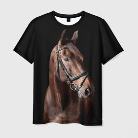 Мужская футболка 3D с принтом Гнедая лошадь в Петрозаводске, 100% полиэфир | прямой крой, круглый вырез горловины, длина до линии бедер | animal | beautiful | black | brown | eyes | gloss | harness | horse | look | muzzle | взгляд | глаза | гнедая | животное | конь | коричневый | красивый | лоск | лошадь | сбруя | скакун | черный