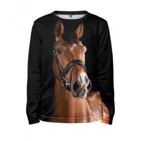 Детский лонгслив 3D с принтом Гнедая лошадь в Петрозаводске, 100% полиэстер | длинные рукава, круглый вырез горловины, полуприлегающий силуэт
 | animal | beautiful | black | brown | eyes | gloss | harness | horse | look | muzzle | взгляд | глаза | гнедая | животное | конь | коричневый | красивый | лоск | лошадь | сбруя | скакун | черный