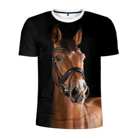 Мужская футболка 3D спортивная с принтом Гнедая лошадь в Петрозаводске, 100% полиэстер с улучшенными характеристиками | приталенный силуэт, круглая горловина, широкие плечи, сужается к линии бедра | animal | beautiful | black | brown | eyes | gloss | harness | horse | look | muzzle | взгляд | глаза | гнедая | животное | конь | коричневый | красивый | лоск | лошадь | сбруя | скакун | черный
