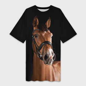 Платье-футболка 3D с принтом Гнедая лошадь в Петрозаводске,  |  | animal | beautiful | black | brown | eyes | gloss | harness | horse | look | muzzle | взгляд | глаза | гнедая | животное | конь | коричневый | красивый | лоск | лошадь | сбруя | скакун | черный