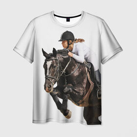 Мужская футболка 3D с принтом Наездница в Петрозаводске, 100% полиэфир | прямой крой, круглый вырез горловины, длина до линии бедер | animal | coffee | girl | harness | horse | rider | riding | sport | white | woman | белый | девушка | езда | женщина | животное | конь | кофейный | лошадь | наездница | сбруя | спорт