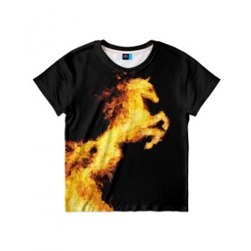 Детская футболка 3D с принтом Огненный конь в Петрозаводске, 100% гипоаллергенный полиэфир | прямой крой, круглый вырез горловины, длина до линии бедер, чуть спущенное плечо, ткань немного тянется | animal | beautiful | black | fiery | fire | horse | mane | wild | грива | дикий | животное | конь | красивый | лошадь | огненный | огонь | скакун | черный