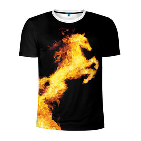 Мужская футболка 3D спортивная с принтом Огненный конь в Петрозаводске, 100% полиэстер с улучшенными характеристиками | приталенный силуэт, круглая горловина, широкие плечи, сужается к линии бедра | animal | beautiful | black | fiery | fire | horse | mane | wild | грива | дикий | животное | конь | красивый | лошадь | огненный | огонь | скакун | черный
