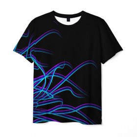 Мужская футболка 3D с принтом Неоновые Щупальцы в Петрозаводске, 100% полиэфир | прямой крой, круглый вырез горловины, длина до линии бедер | неон | неоновые линии | неоновые щупальцы | неоновый принт