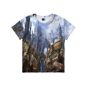 Детская футболка 3D с принтом Древний город в Петрозаводске, 100% гипоаллергенный полиэфир | прямой крой, круглый вырез горловины, длина до линии бедер, чуть спущенное плечо, ткань немного тянется | 3d | арт | башни | древний город | светлые | стимпанк | шпили