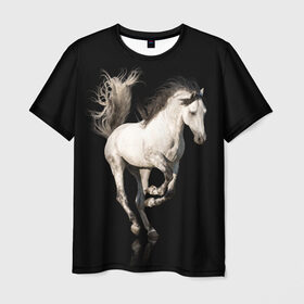 Мужская футболка 3D с принтом Серный в яблоках конь в Петрозаводске, 100% полиэфир | прямой крой, круглый вырез горловины, длина до линии бедер | animal | beautiful | black | gloss | horse | mane | mustang | muzzle | white | wild | белый | в яблоках | грива | дикий | животное | конь | красивый | лоск | лошадь | мустанг | серый | скакун | черный