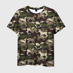 Мужская футболка 3D с принтом Камуфляж в Петрозаводске, 100% полиэфир | прямой крой, круглый вырез горловины, длина до линии бедер | animal | camouflage | cool | herd | horse | khaki | military | военный | животное | камуфляж | конь | лошадь | прикольный | скакун | табун | хаки