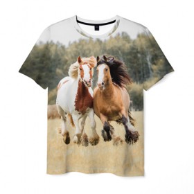 Мужская футболка 3D с принтом Лошади в Петрозаводске, 100% полиэфир | прямой крой, круглый вырез горловины, длина до линии бедер | animal | free | horse | mane | nature | pair | polish | wild | грива | дикий | животное | конь | лоск | лошадь | пара | природа | свободный | скакун