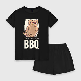 Женская пижама с шортиками хлопок с принтом Злая Свинка в Петрозаводске, 100% хлопок | футболка прямого кроя, шорты свободные с широкой мягкой резинкой | bbq | барбекю | еда | мясо | свинина | свиньи | свинья | шашлык