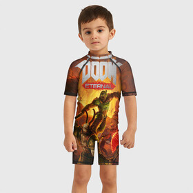 Детский купальный костюм 3D с принтом Doom в Петрозаводске, Полиэстер 85%, Спандекс 15% | застежка на молнии на спине | cacodemon | doom | eternal | вечность | вечный | дум | итёрнал | какодемон | этернал