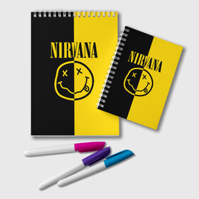 Блокнот с принтом NIRVANA в Петрозаводске, 100% бумага | 48 листов, плотность листов — 60 г/м2, плотность картонной обложки — 250 г/м2. Листы скреплены удобной пружинной спиралью. Цвет линий — светло-серый
 | music | nirvana | rip smile | rock | smile | группа | курт кобейн | музыка | нирвана | рок | смайл