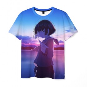 Мужская футболка 3D с принтом Anime Sunset в Петрозаводске, 100% полиэфир | прямой крой, круглый вырез горловины, длина до линии бедер | anime | clouds | girl | sunset | аниме | девушка | закат