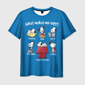 Мужская футболка 3D с принтом Что делает меня счастливым в Петрозаводске, 100% полиэфир | прямой крой, круглый вырез горловины, длина до линии бедер | happy | makes | me | peanuts | snoopy | what | арахис | вудсток | пес | сабака | снупи | собака | чарли браун | щенок
