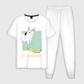 Мужская пижама хлопок с принтом Banana Cat в Петрозаводске, 100% хлопок | брюки и футболка прямого кроя, без карманов, на брюках мягкая резинка на поясе и по низу штанин
 | Тематика изображения на принте: cat | meme | picture | банан | картинки | кот | котики | коты | кошки | мем | прикольные